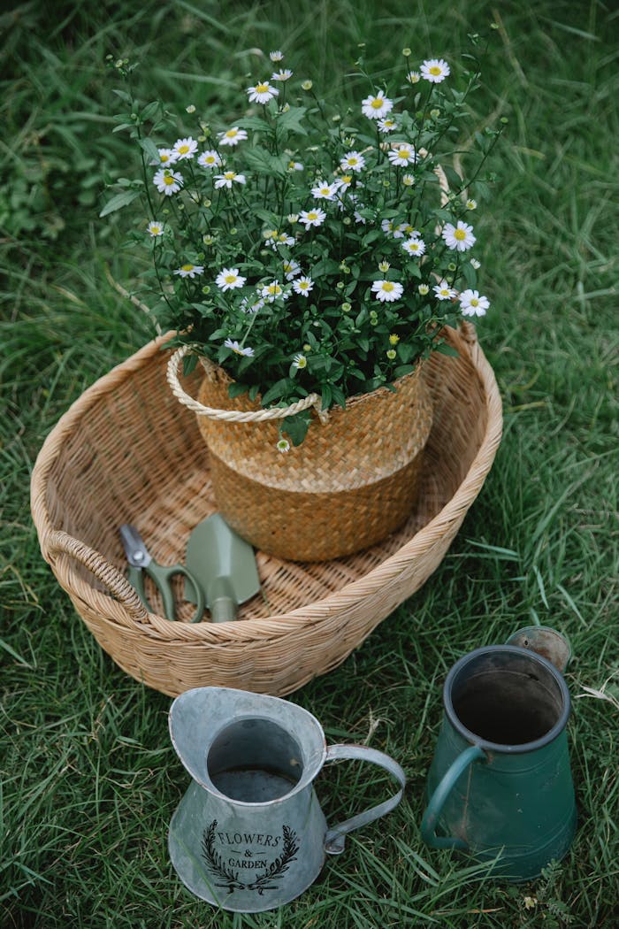core-values Wicker basket with daisies in garden setting with watering cans and tools.